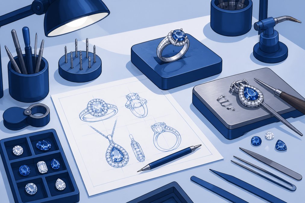 Jeweller's workbench showing custom jewellery pieces in progress, with design sketches, gemstones, and metalworking tools under warm studio lighting