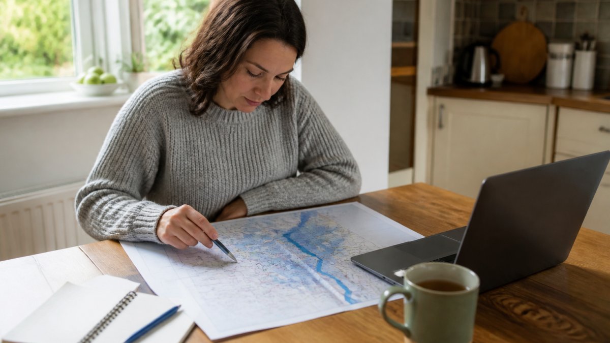 A person at a kitchen table studying a printed flood risk map beside a laptop screen, with a notebook, pen and cup of tea nearby, soft daylight through a window