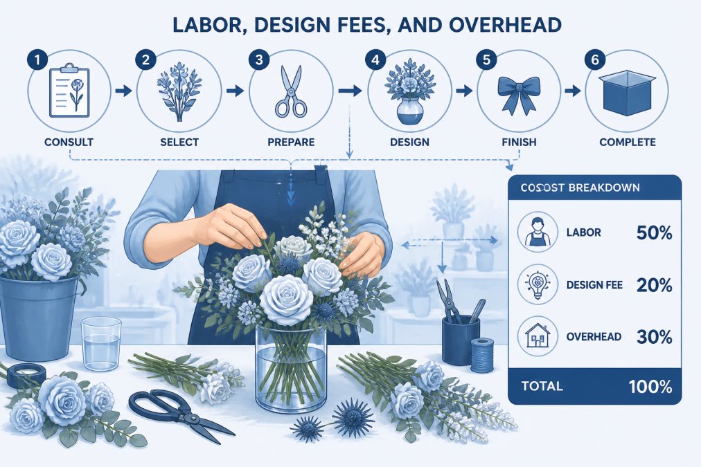 Florist's hands carefully arranging fresh roses and greenery in a clear glass vase, with stems, floral mechanics, and additional flowers visible on the work table, showing the detailed hands-on design process in natural studio lighting