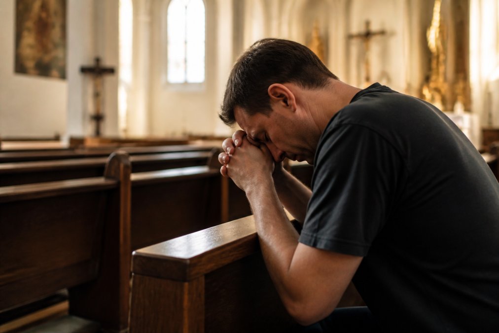 A person kneeling in quiet prayer with hands folded on a wooden pew inside a softly lit church, head bowed in peaceful reflection