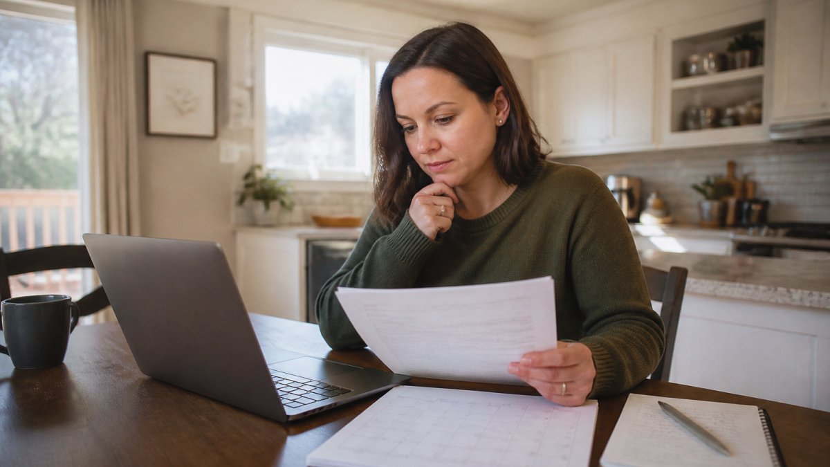A person sitting at a kitchen table with a laptop, reviewing health insurance plan options on screen, with a calendar and notepad nearby