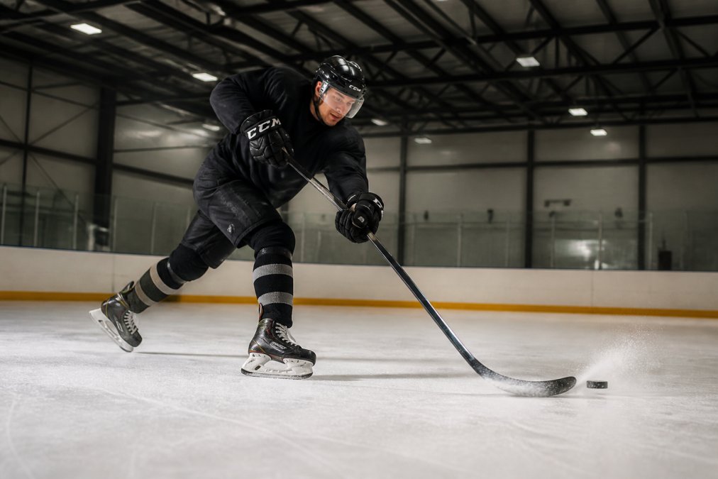 A hockey player in full gear loading a slap shot on an indoor rink, stick shaft visibly flexed and compressed against the ice surface, captured mid-motion under bright arena lighting