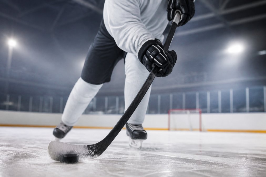 Close-up of a hockey player's gloved hands gripping a carbon fiber stick shaft, bottom hand pressing firmly down on the shaft during a wrist shot on a rink, arena lighting overhead