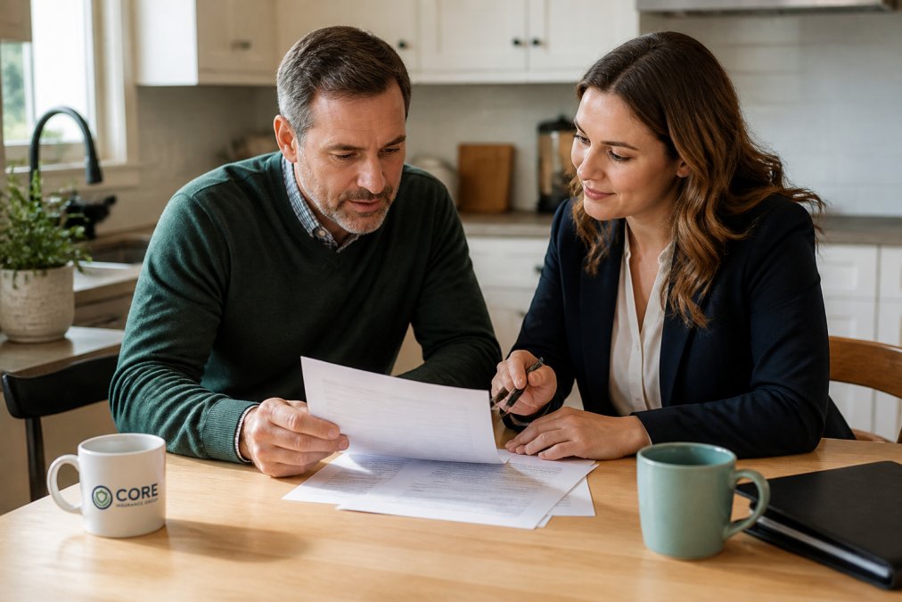 A homeowner and an insurance agent sitting at a kitchen table reviewing a printed policy document together, with a laptop and coffee mugs nearby, warm natural light