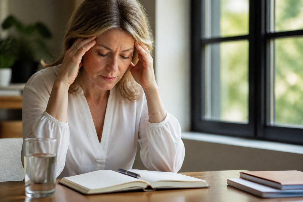 A woman in her mid-forties sitting at a desk, holding her temples with a tired but thoughtful expression, a glass of water and open notebook in front of her, soft natural window light falling across the scene