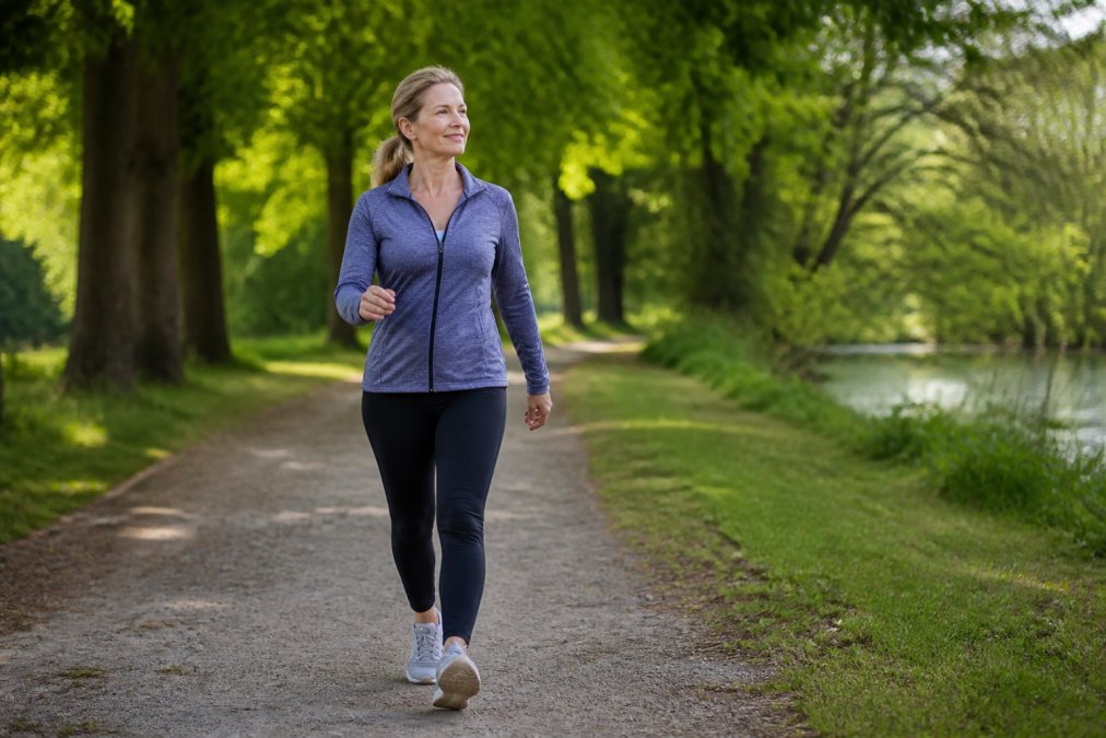 A woman in her late forties doing a brisk walk along a tree-lined park path, wearing athletic clothing, looking focused and energised in clear natural daylight