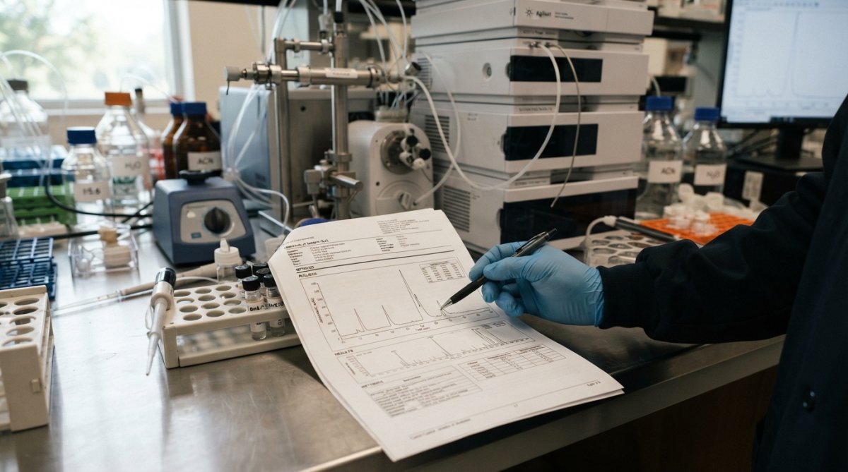 Researcher in white coat examining a printed HPLC-MS chromatogram at laboratory bench with computer monitor displaying mass spectra data in background, natural window lighting