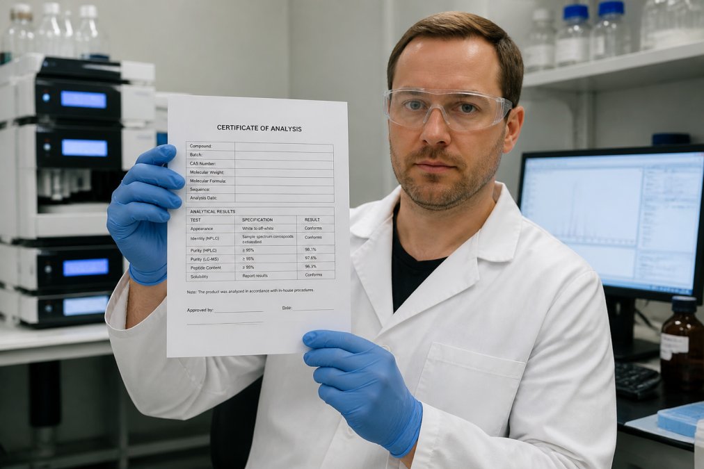 A researcher in a laboratory holding a printed Certificate of Analysis document up to the camera, with a computer monitor showing analytical data in the background