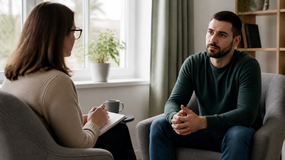 Therapist and client discussing the long term psychological effects of workplace accidents in a calm counselling room.