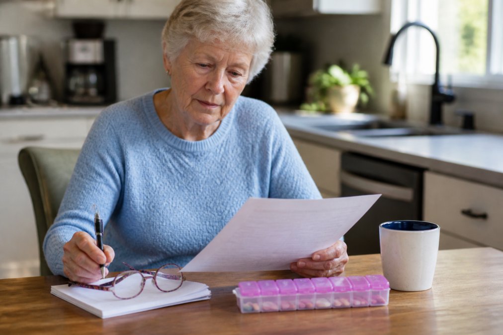 A senior woman sitting at a kitchen table reviewing a Medicare plan document with a pen and reading glasses, a pill organizer and coffee mug nearby