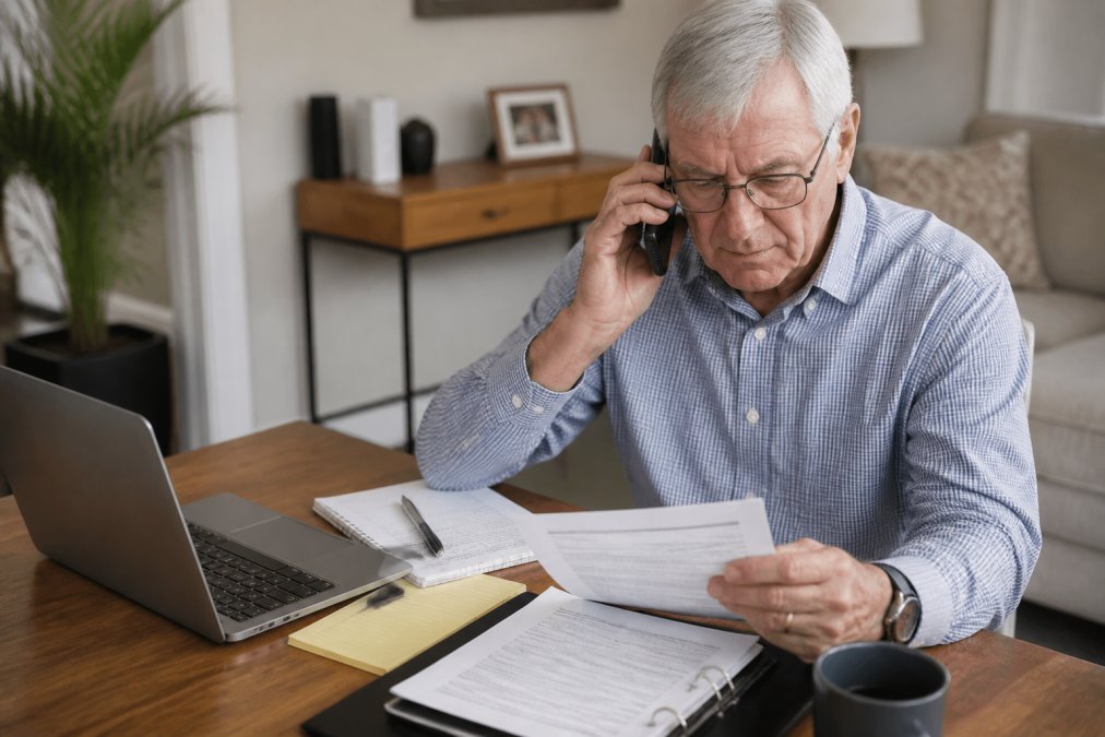 Senior sitting at a desk with a laptop and phone, reviewing healthcare documents and insurance papers, preparing to contact their Medicare Advantage plan about prior authorization