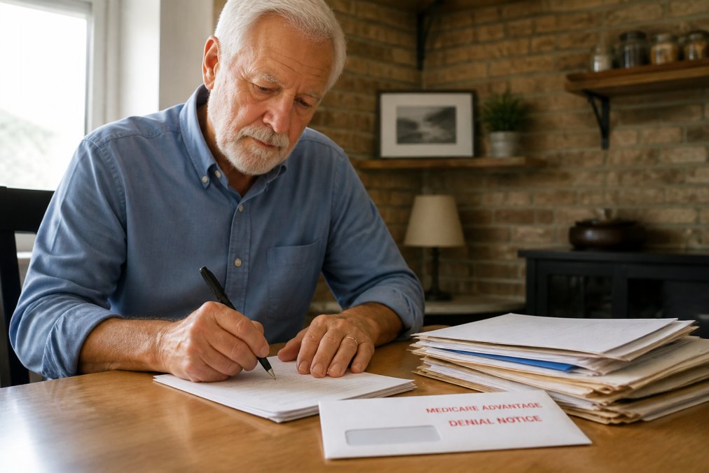 Older adult sitting at a desk with medical records and a denial notice visible, writing a detailed appeal letter to their Medicare Advantage plan