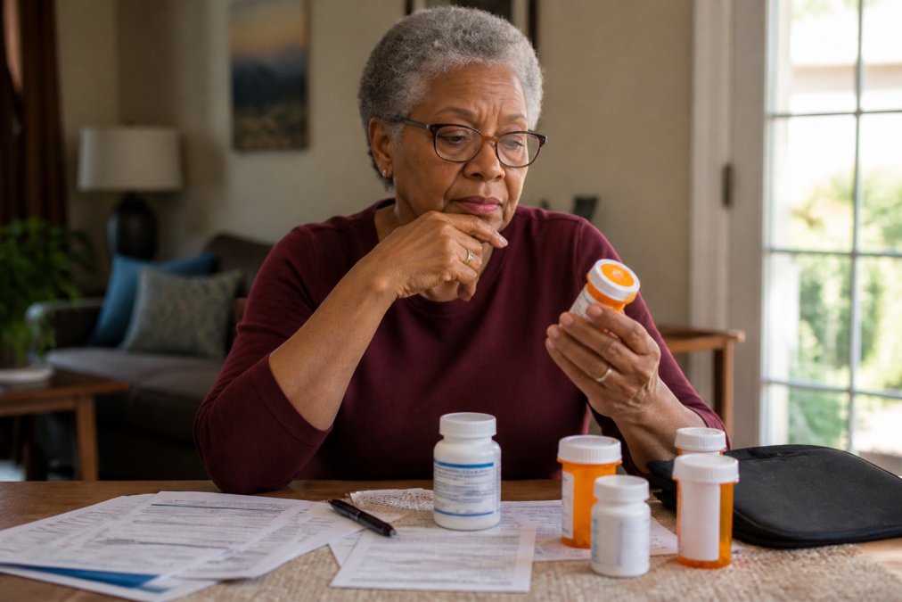 Senior adult reviewing prescription medications while evaluating Medicare Part D coverage options at home