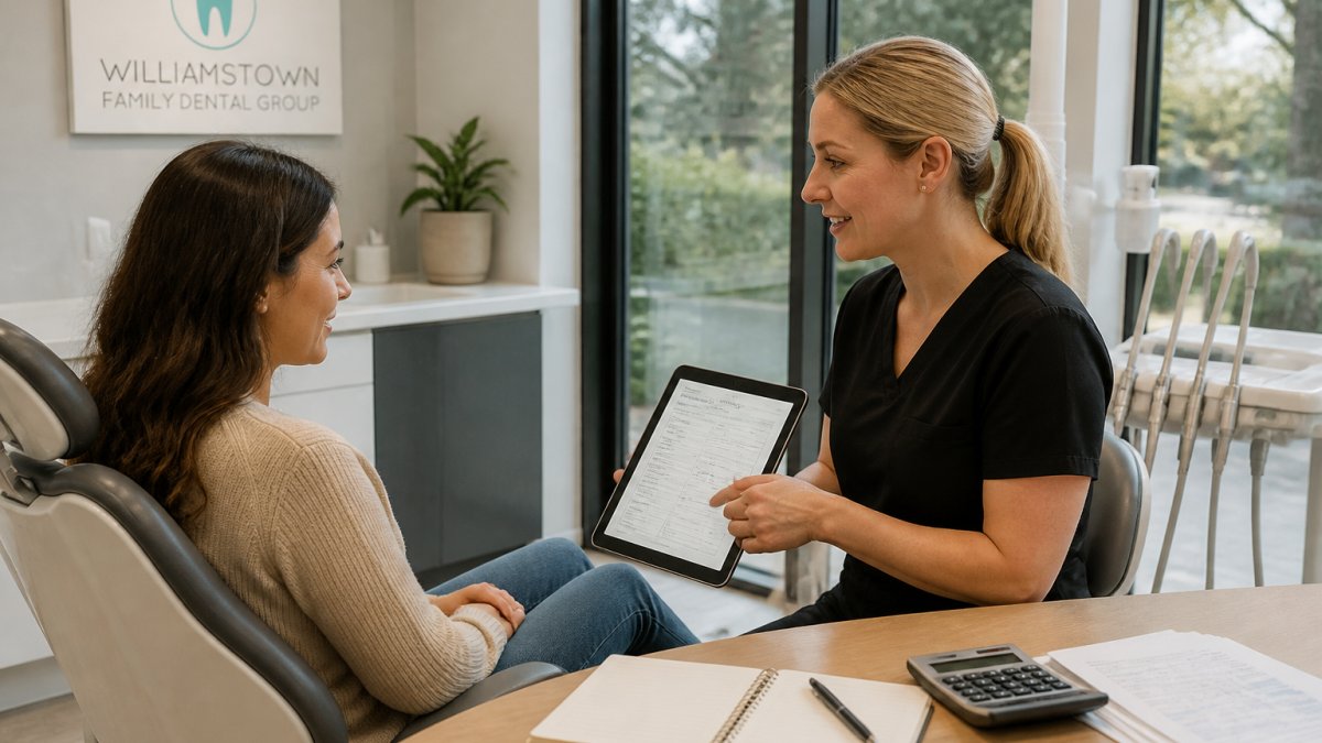 Patient sitting in dental chair speaking with dental professional who is explaining treatment options and costs using a tablet document, modern bright clinic setting with natural lighting