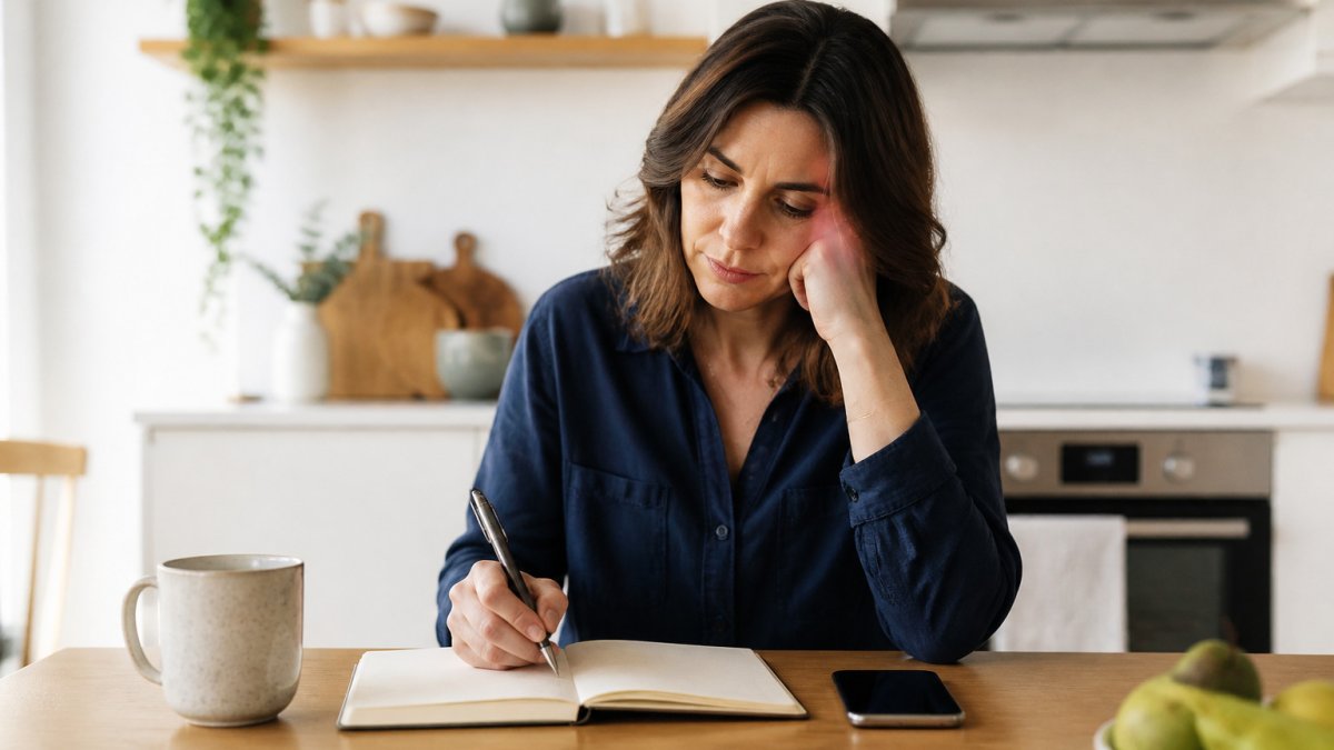 Woman tracking perimenopause symptoms in a notebook and smartphone to prepare for a doctor's appointment