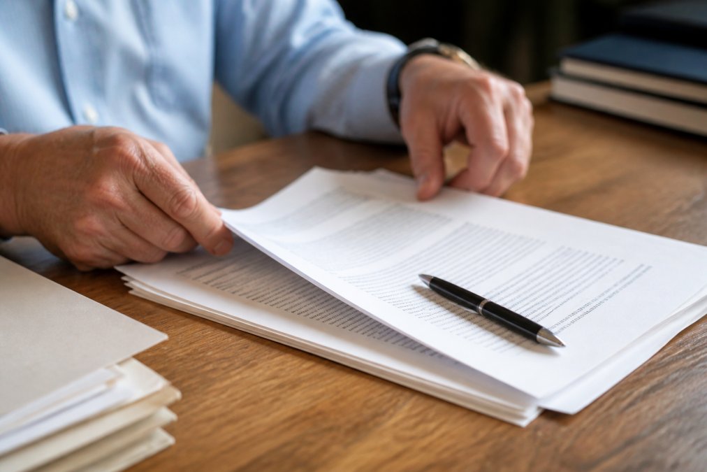 Close-up of a person's hands reviewing a stack of official legal documents with a pen resting on a wooden desk, a laptop softly blurred in the background