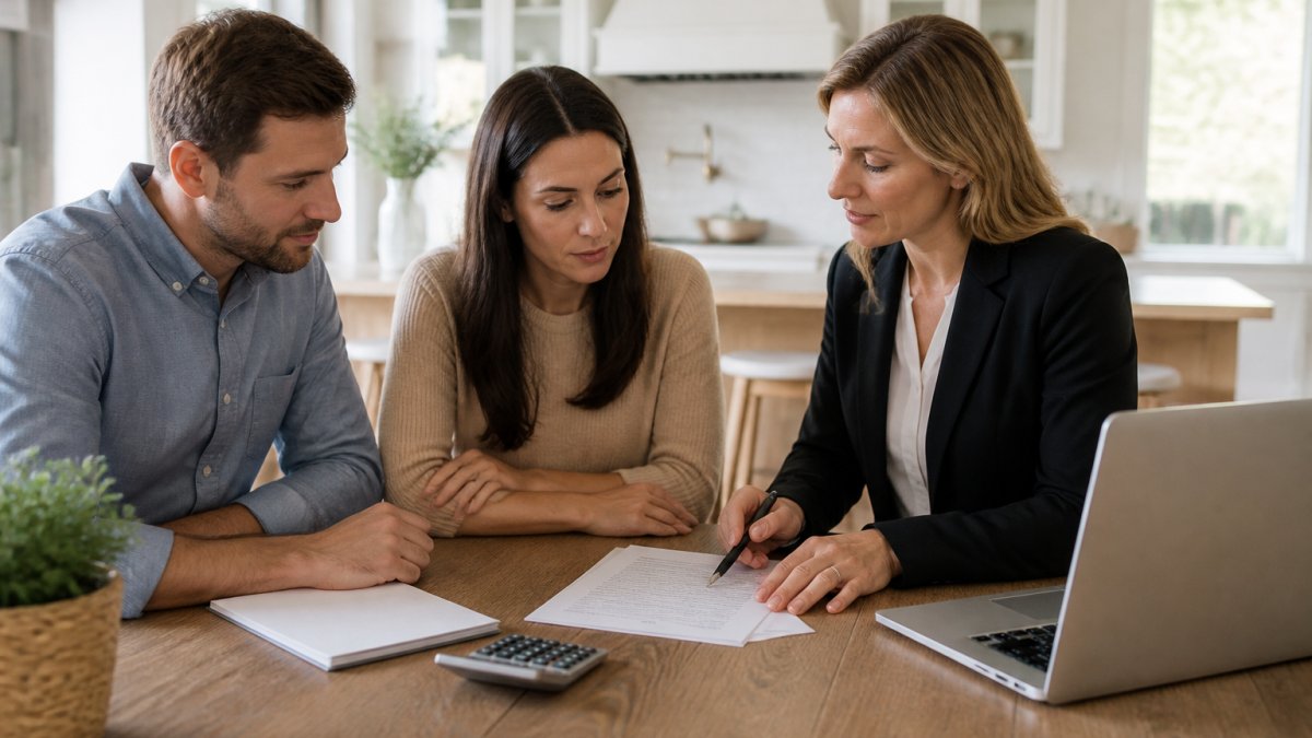 A real estate agent and a couple reviewing paperwork at a kitchen table in a bright home, with a laptop and calculator visible