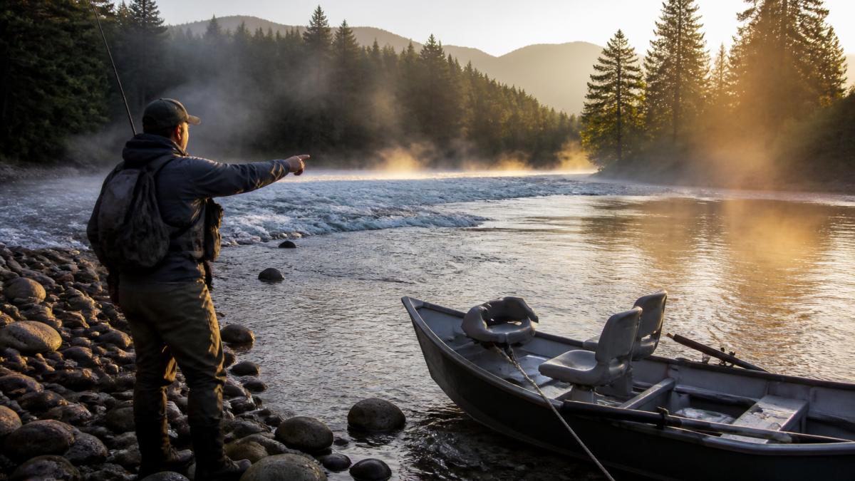 An angler standing on a rocky riverbank at dawn, pointing toward a seam where fast current meets a slow holding pool, with a drift boat anchored nearby and mist rising off the water