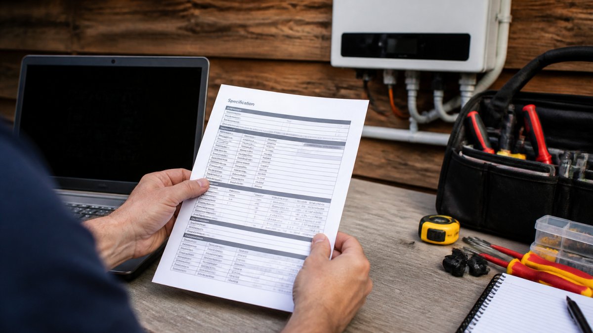 Hands holding a printed solar inverter datasheet near a laptop with an inverter mounted on the wall