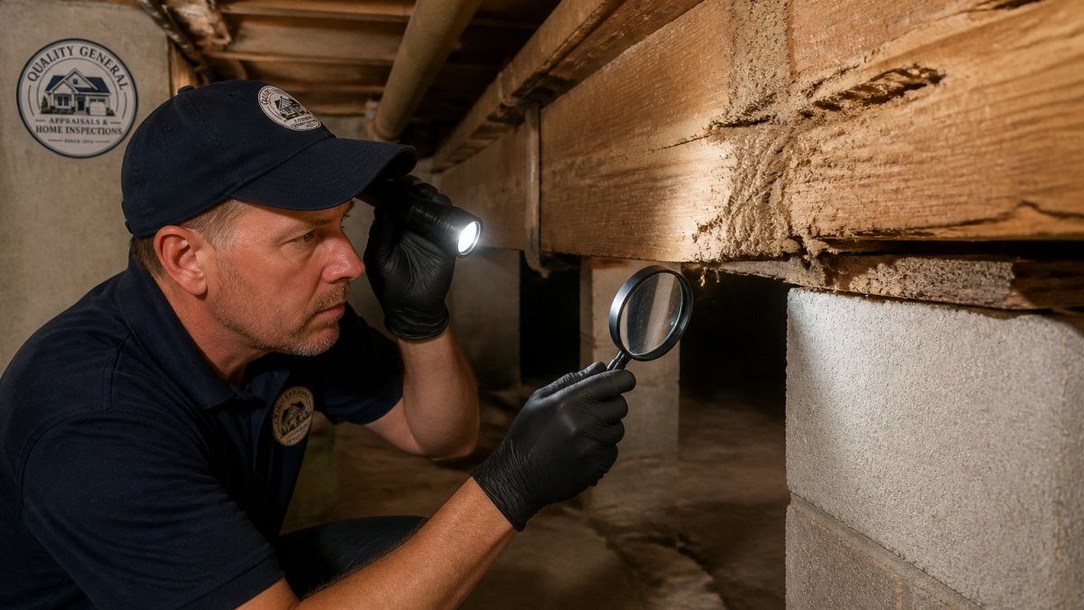 Professional home inspector examining wood damage and mud tubes on basement beam during detailed termite inspection with flashlight and magnifying tools