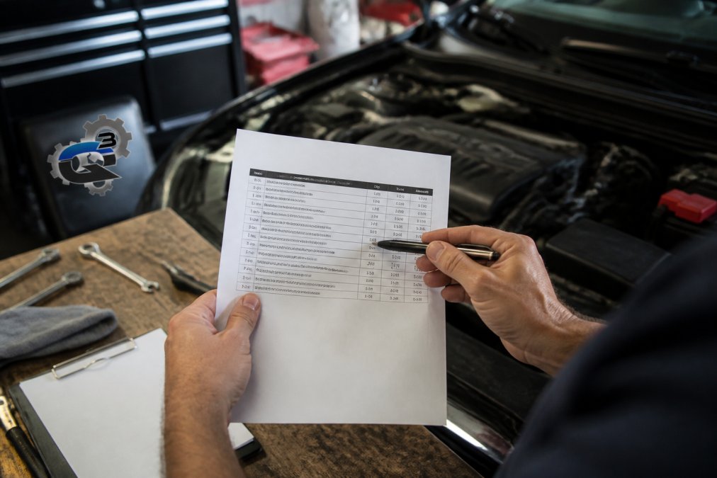 Mechanic's hands holding a printed repair estimate document next to an open vehicle engine, with a pen pointing to specific itemized line items on the paper