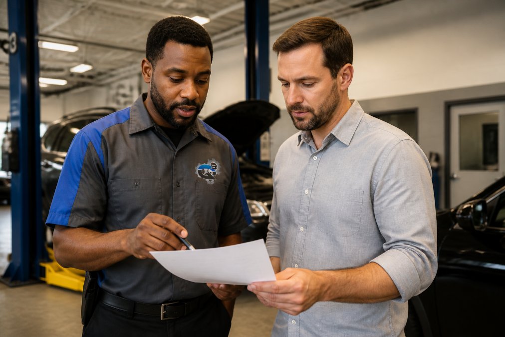 Service advisor and customer in a professional repair shop having a discussion while reviewing the repair estimate together, both looking at the document with a pen in hand