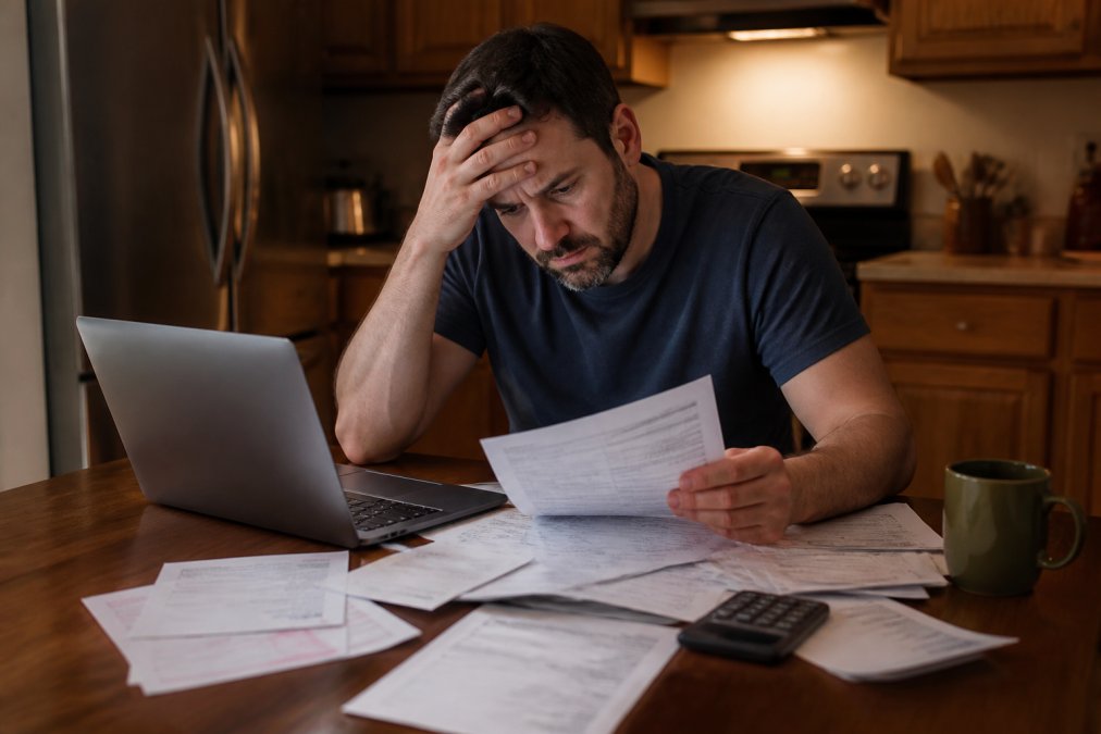 A stressed adult sitting at a kitchen table reviewing official-looking legal documents and a garnishment notice, with a laptop open nearby and bills spread across the table, warm overhead kitchen light, conveying financial pressure