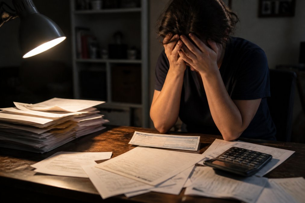A person sitting alone at a cluttered desk, head in hands, staring at a reduced paycheck stub with a calculator and stack of unpaid bills visible under dim desk lamp lighting, conveying emotional exhaustion and financial hardship
