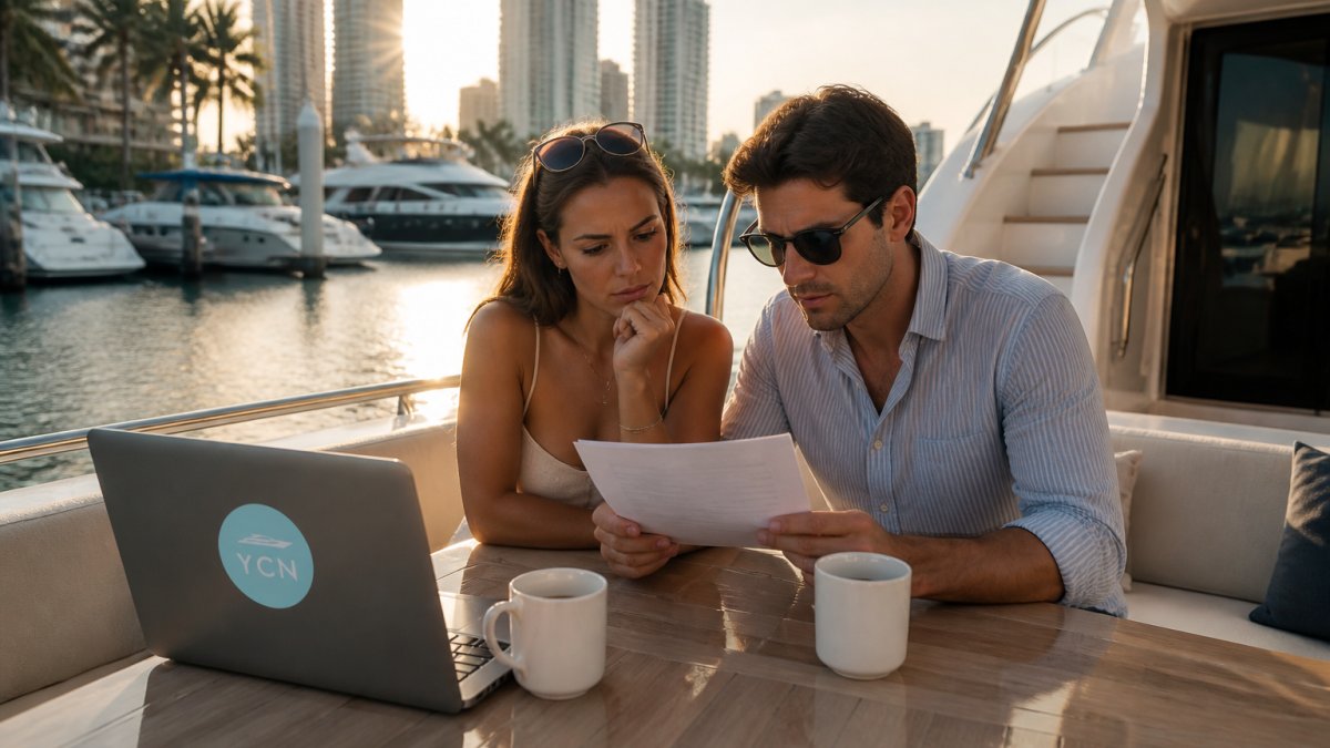 Una pareja revisando un contrato impreso de alquiler de yates en la cubierta de popa de un yate a motor blanco atracado en un puerto deportivo de Miami durante la hora dorada, con un portátil y tazas de café sobre la mesa, luciendo concentrados y algo preocupados mientras leen la letra pequeña