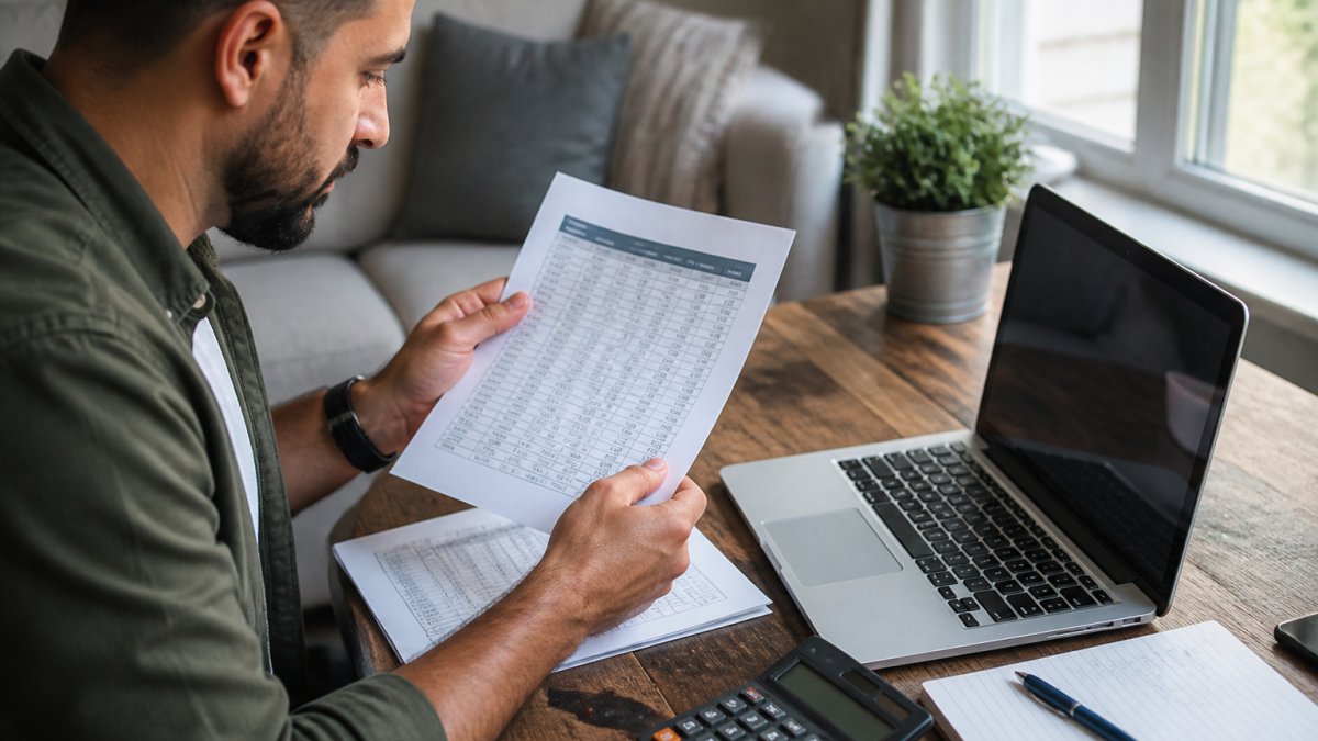 Person reviewing their car loan amortization schedule on a computer screen at a desk with a calculator.