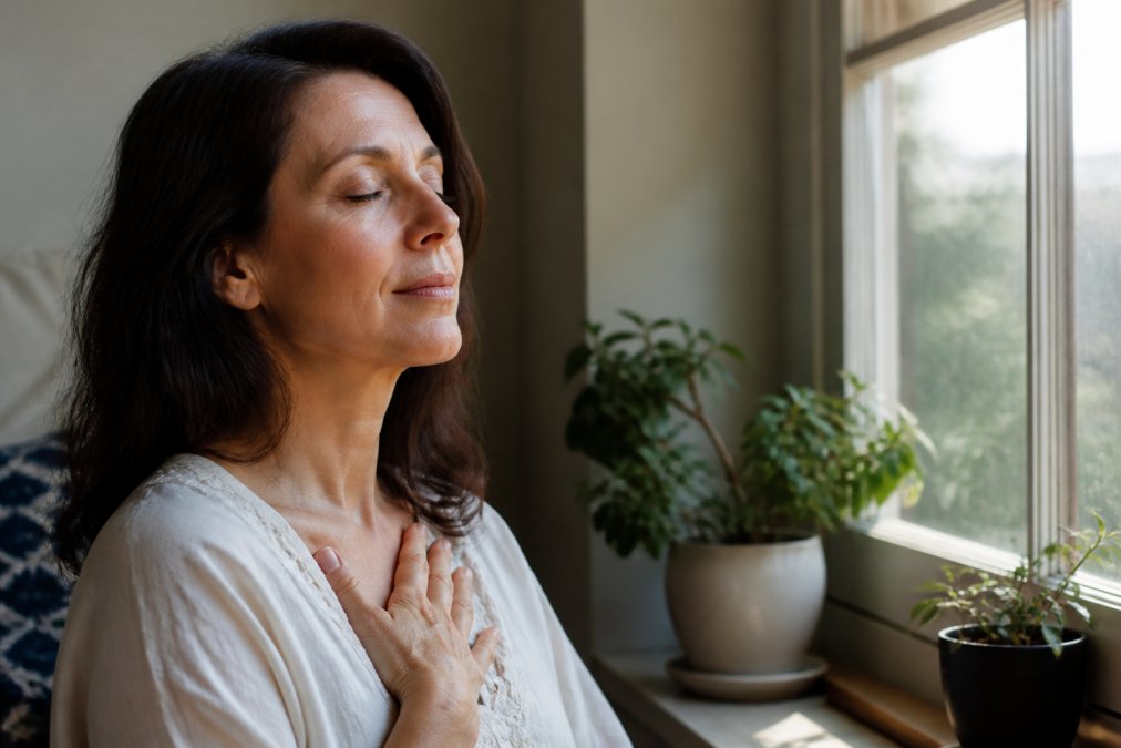 Understanding Your Intuition: 7 Signs It's Real 1 A woman in her 40s sitting quietly by a sunlit window, eyes closed, one hand resting on her chest, calm and reflective