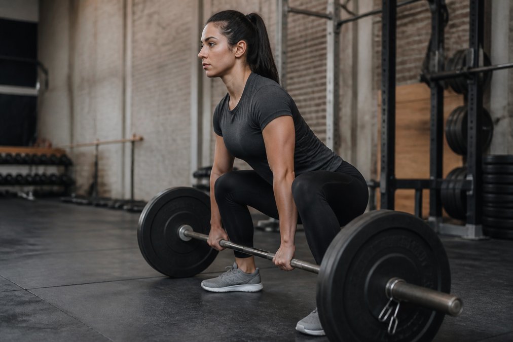 Close-up of person performing a deadlift movement in fitted athletic wear, demonstrating unrestricted shoulder and hip mobility during the lift