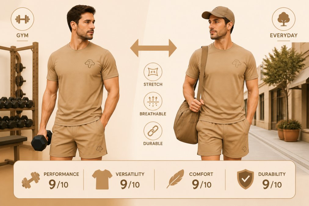 Person wearing understated athletic wear with subtle dog design, transitioning from a gym setting with weights visible to an outdoor casual environment, showing the same outfit works seamlessly in both spaces