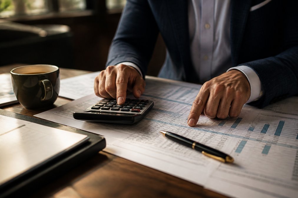 Close-up of a financial analyst's hands using a calculator over a printed spreadsheet with pen and coffee, focused on numbers and charts