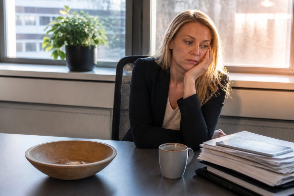 En kontormedarbejder sidder ved sit skrivebord og kigger træt på sin skærm om eftermiddagen, med en tømt frugtskål og en halvkold kop kaffe i nærheden, blødt eftermiddagslys fra vinduet