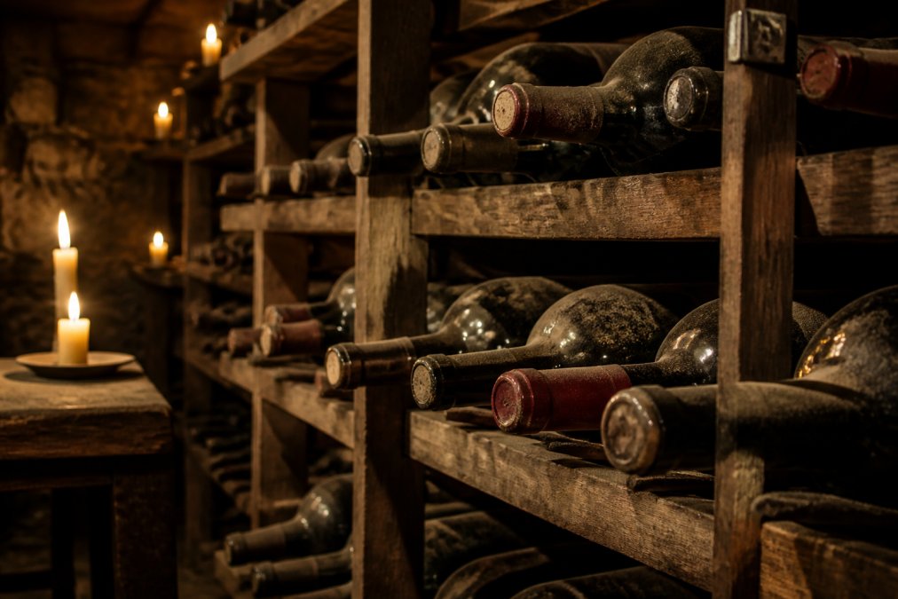 Wine bottles arranged on wooden cellar shelves with dust and aging visible, candlelight reflecting off glass, showing proper storage conditions