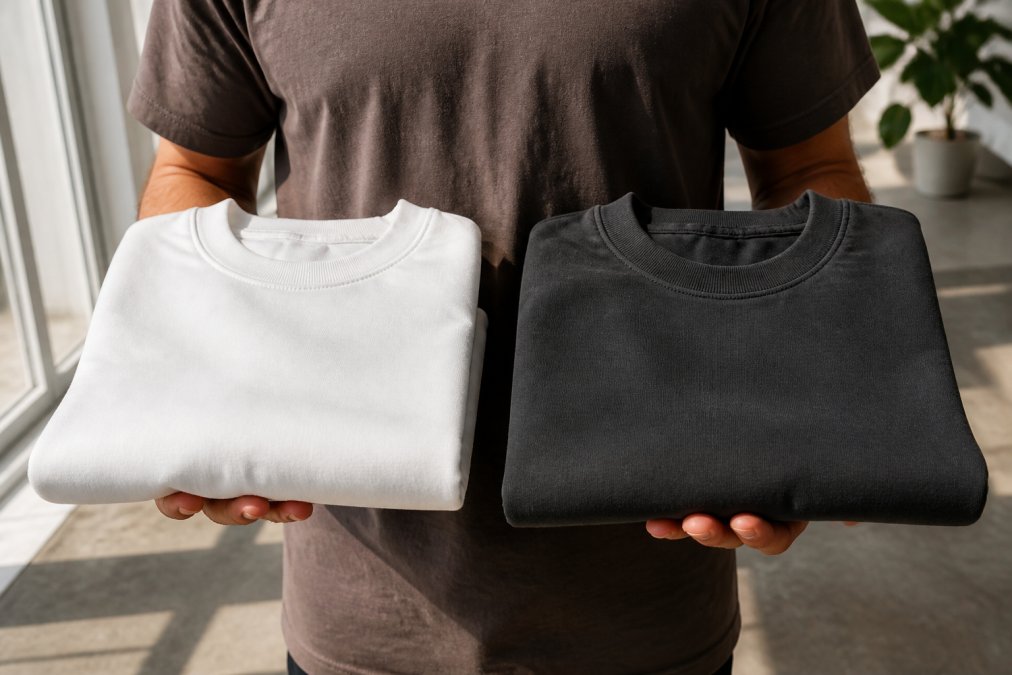 A person holding two folded heavyweight cotton tees side by side, one white and one charcoal, in a bright room with natural light, showing fabric texture and thickness