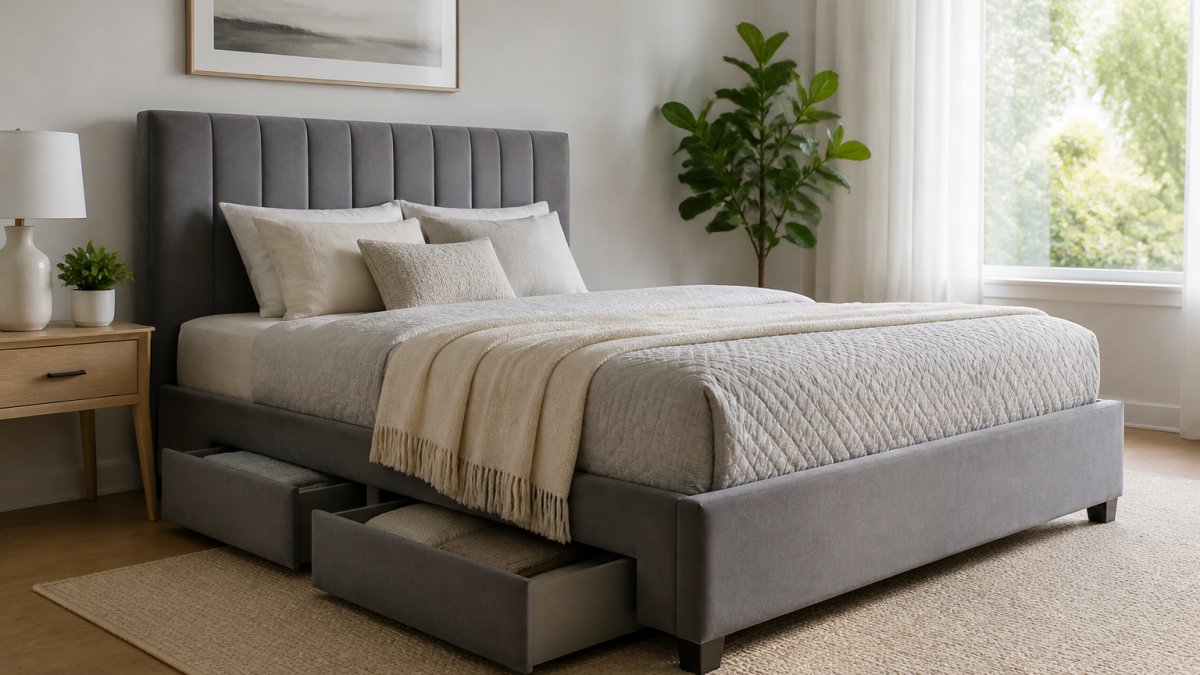 Lit plateforme en velours gris avec tête de lit rembourrée et rangements intégrés dans une chambre lumineuse