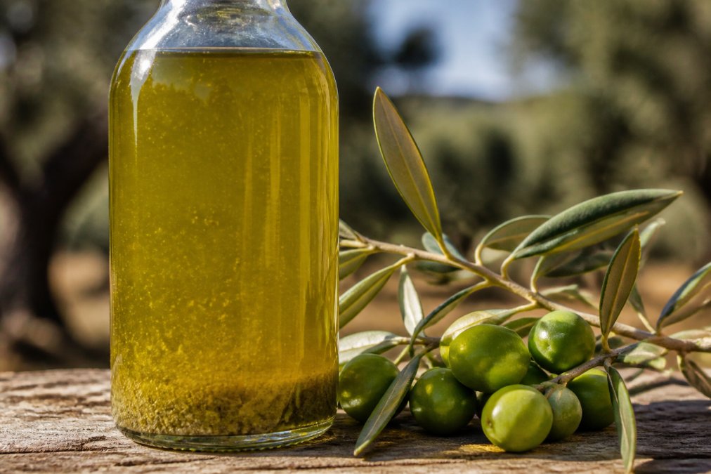 Close-up of cloudy, golden-green unfiltered extra virgin olive oil in a glass bottle showing suspended sediment particles catching natural light, with fresh green olives and olive branches beside it on a wooden surface