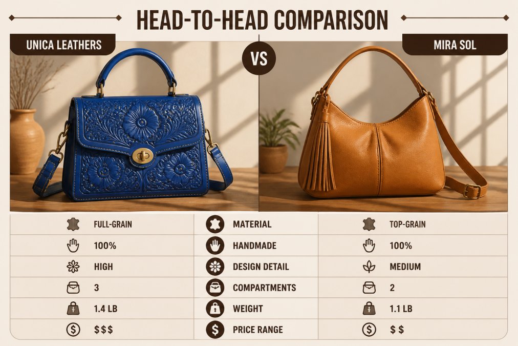 Two distinct artisan leather handbags displayed side by side on a wooden table, one in vibrant royal blue with floral tooling and one in a neutral tan tone, soft natural window light highlighting the leather texture