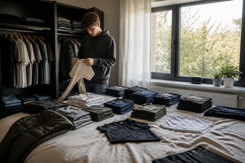 Jongvolwassene die verschillende kledingstukken uit een garderobe haalt en sorteert op het bed, met verschillende stapels georganiseerd per kleur en type, natuurlijk daglicht van het raam