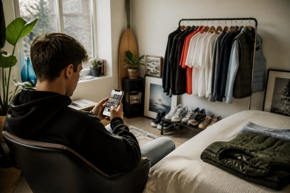 Persoon die op een smartphone scrollt door modeaccounts en verschillende outfits en stijlen bekijkt, met natuurlijk licht van het raam en een gezellige thuisomgeving