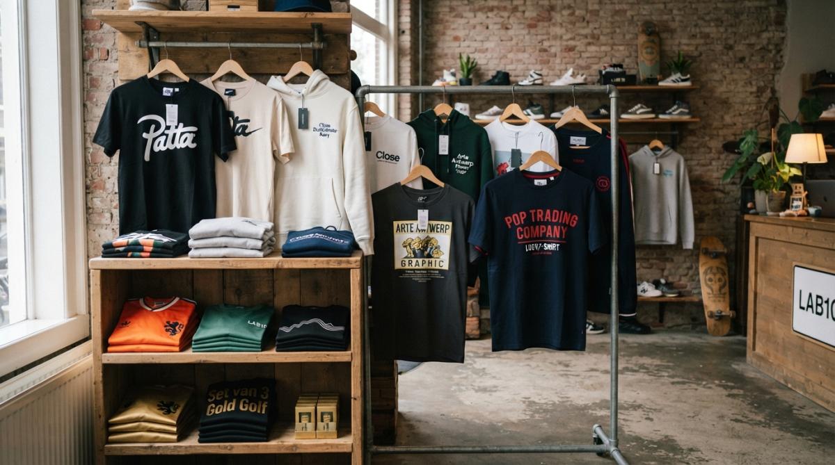 Close-up van verschillende limited edition streetwear items: vintage Patta hoodies, Arte Antwerp crewnecks en Pop Trading Company T-shirts uitgestald op een donkere achtergrond met focus op textuur, branding en materiaaldetails