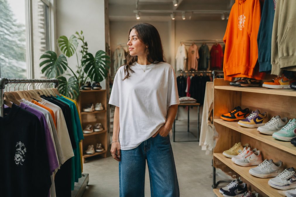 Jonge vrouw in oversized Essential Streetwear T-Shirt en vintage denim in een moderne boetiek met kleurige kleding en sneakers op display, natuurlijke daglicht