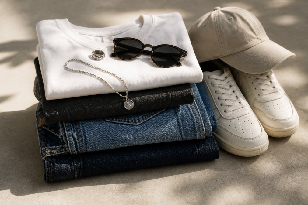 Close-up van diverse streetwear items: vintage denim, witte t-shirts, sneakers en accessoires netjes op elkaar gestapeld met natuurlijke verlichting