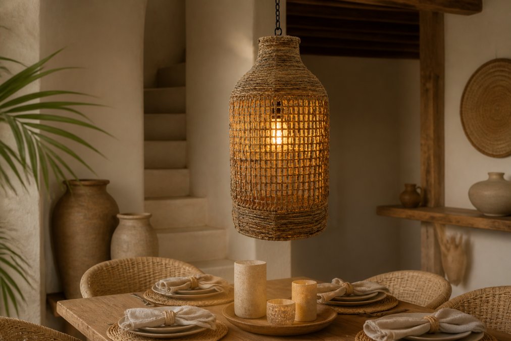 Interieurdetail met boho hanglamp Kaya hangend boven een houten eettafel, omgeven door natuurlijke materialen zoals rotan placemats, linnen servetten en zandkleurige kaarshouders in warm lampenlicht