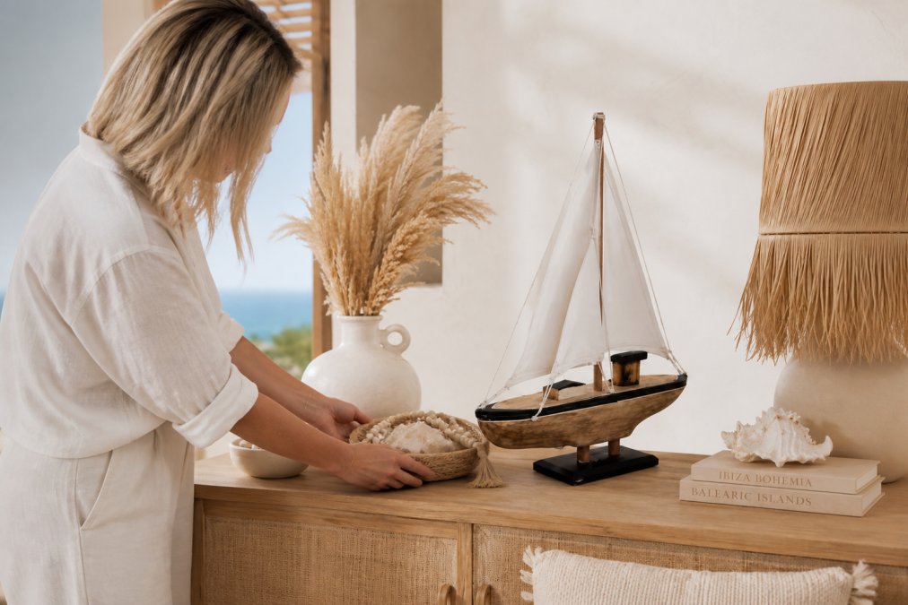 Gestylde woonhoek met houten zeilboot sierobjecten Nova en Lio, schelpen, een kleine rotan mand en coastal decoratie op een lichte houten dressoir tegen een witte muur met natuurlijk daglicht