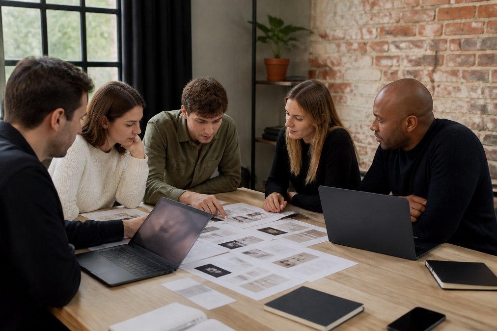 Team members collaborating at a table to implement a unified creative and dev strategy process flow.