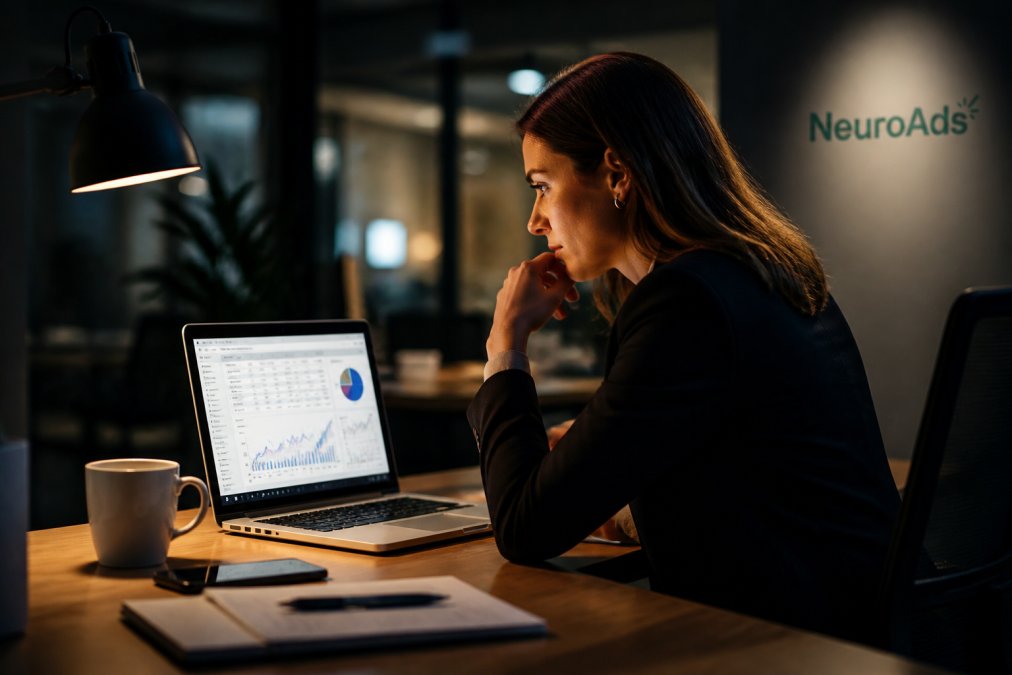 A marketing manager studying a laptop screen displaying multiple analytics dashboards in a dimly lit modern office, focused expression, warm monitor glow on face
