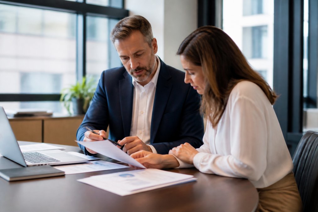 A business advisor and client reviewing investment portfolio documents together at a desk in a modern office, papers and a laptop spread out under natural window light